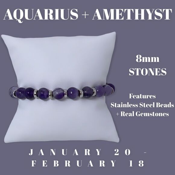 NWT Wool + Pepper Co. Zodiac + Gemstone - Aquarius + Amethyst Bracelet (Silver) - Picture 1 of 10